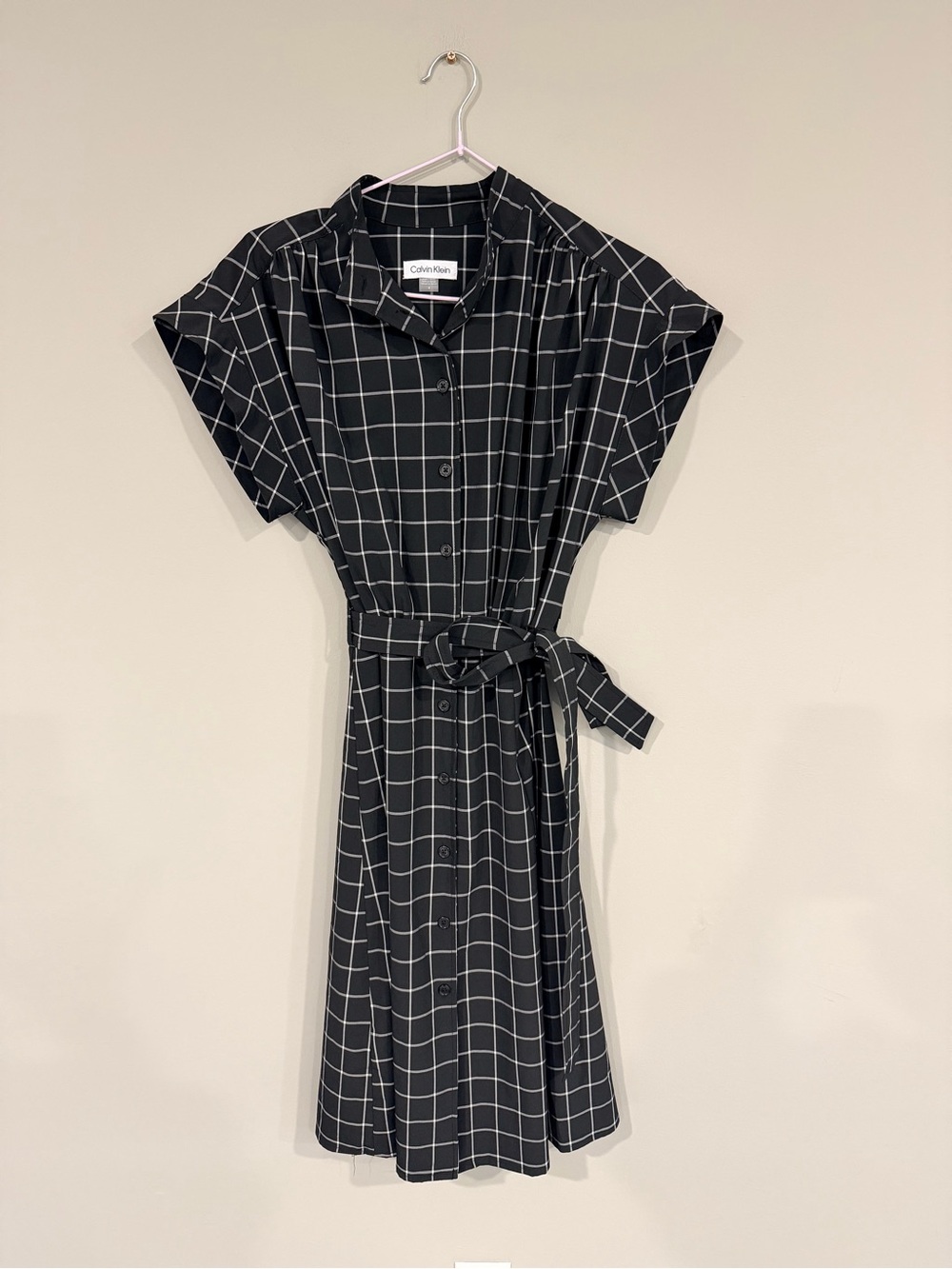 Calvin Klein Black Windowpane Belted Shirt Dress Size 4 (fits bigger)